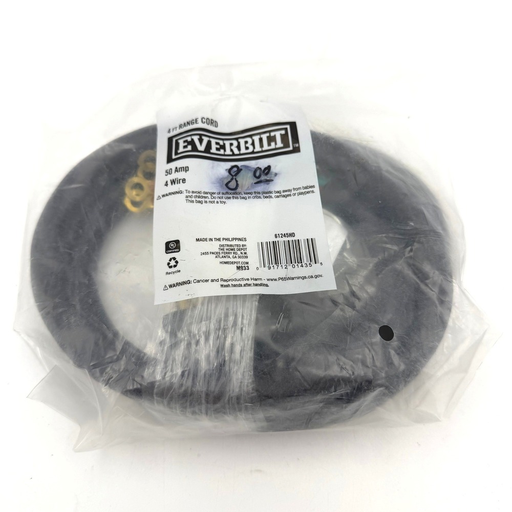 Everbilt Range Cord 4ft Black 50 Amp 4 Wire Heavy Duty Appliance Power NEW